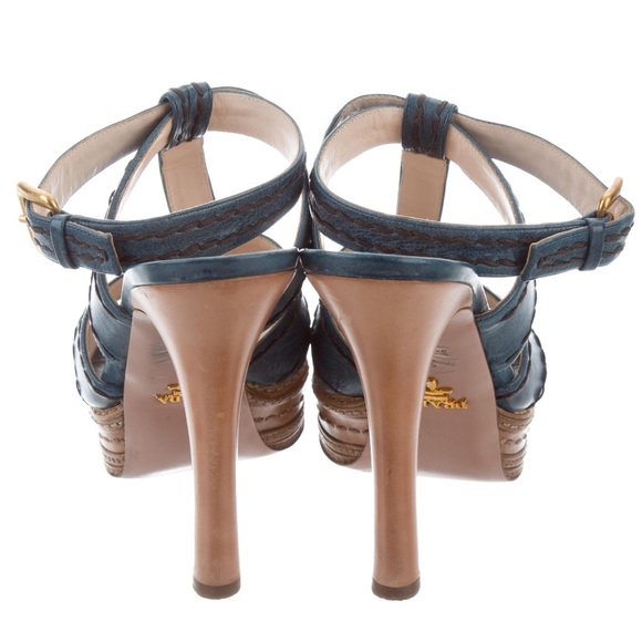 PRADA - Blue & Tan leather Platform Sandals - EU 39.5 - Made in Italy - Picture 7 of 11